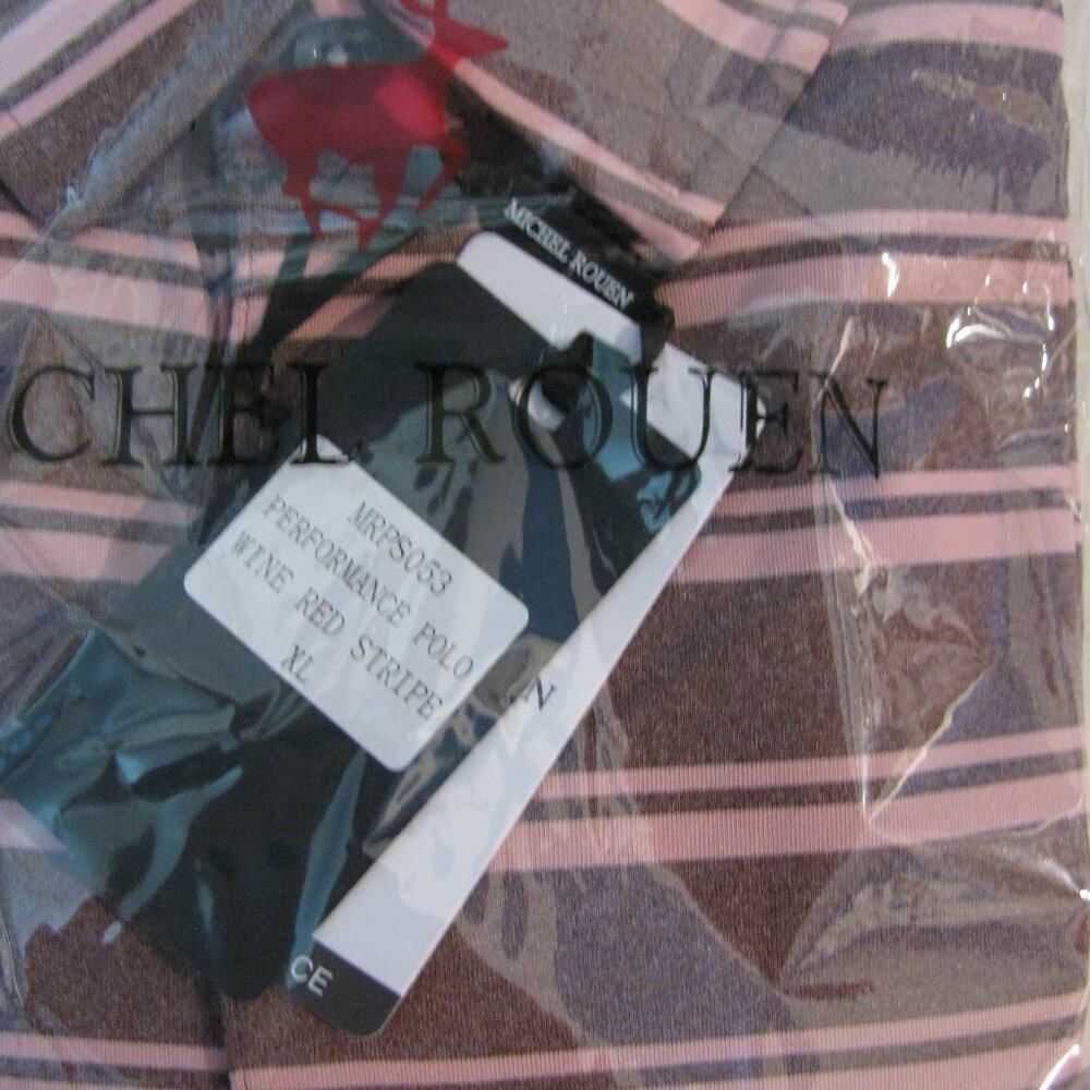 * Michel Rouen Performance Polo XL New NWT $35 Striped Wine Berry Red - Picture 3 of 4